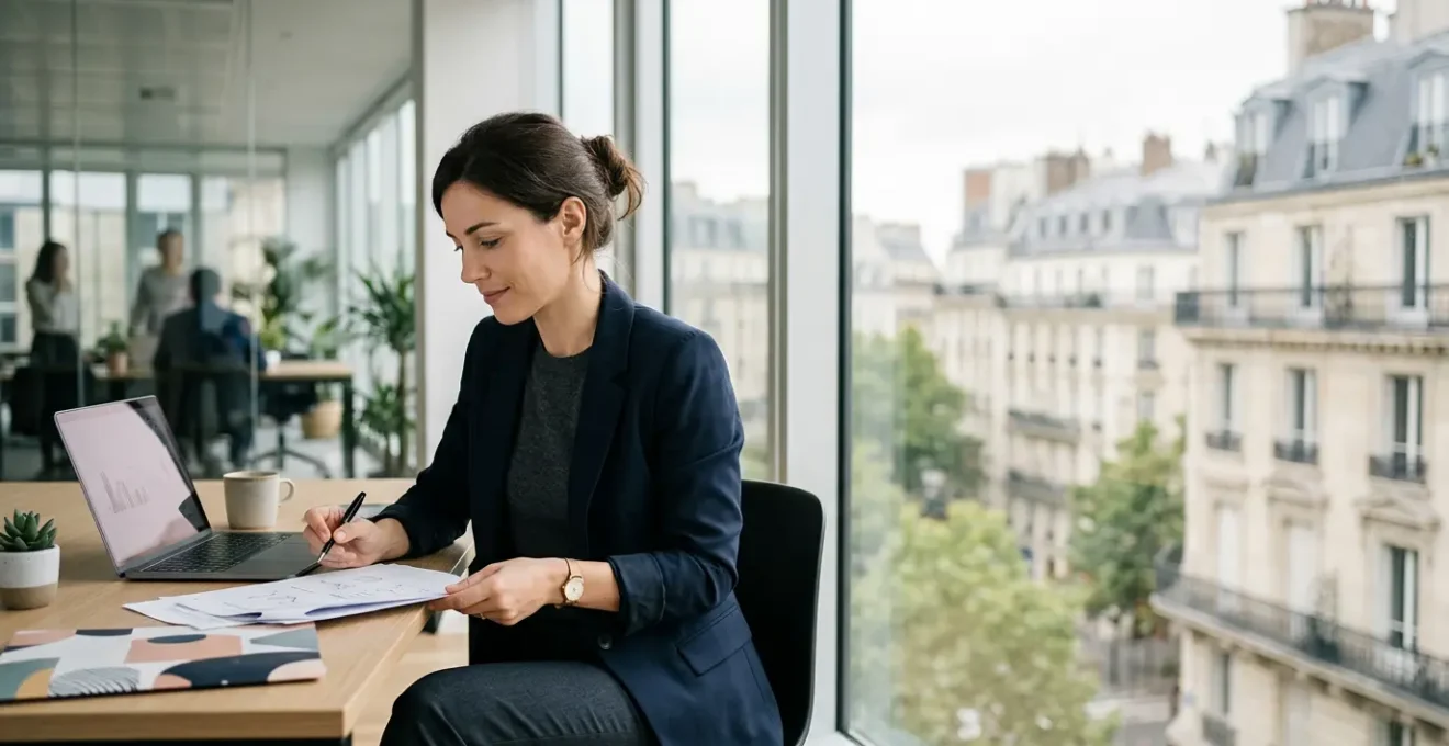 Jeune professionnel en costume devant un bâtiment moderne avec documents officiels sur bureau