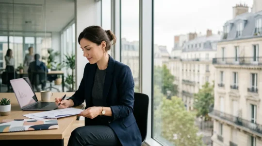 Jeune professionnel en costume devant un bâtiment moderne avec documents officiels sur bureau