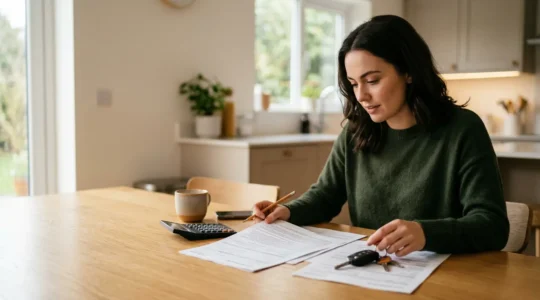 Un jeune adulte tient des clés de voiture dans sa main tout en regardant des documents avec une calculatrice sur une table