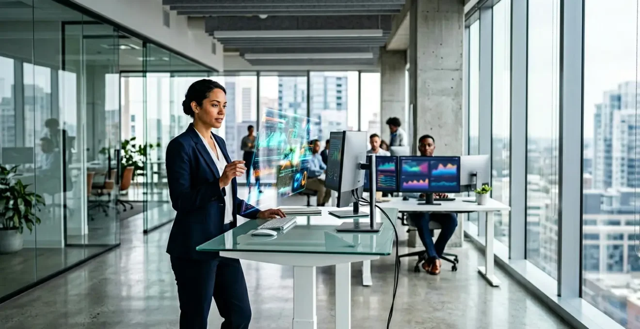 Juriste moderne analysant des données d'assurance sur plusieurs écrans dans un bureau contemporain