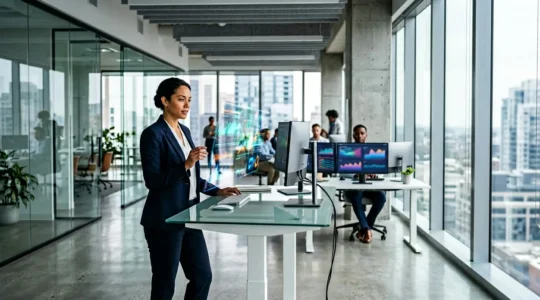 Juriste moderne analysant des données d'assurance sur plusieurs écrans dans un bureau contemporain