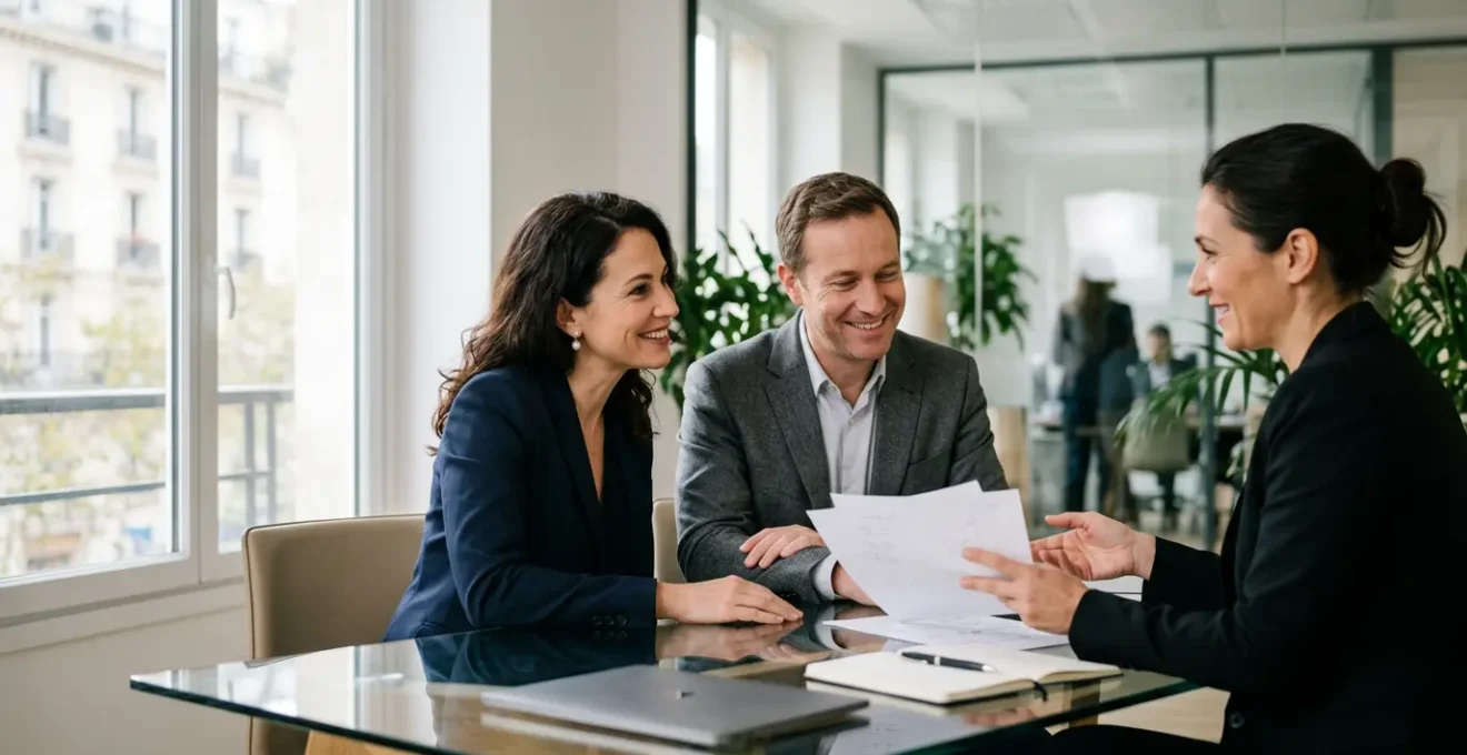 Négociation d'assurance de prêt immobilier avec conseiller bancaire dans un bureau moderne
