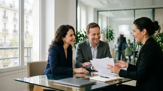 Négociation d'assurance de prêt immobilier avec conseiller bancaire dans un bureau moderne