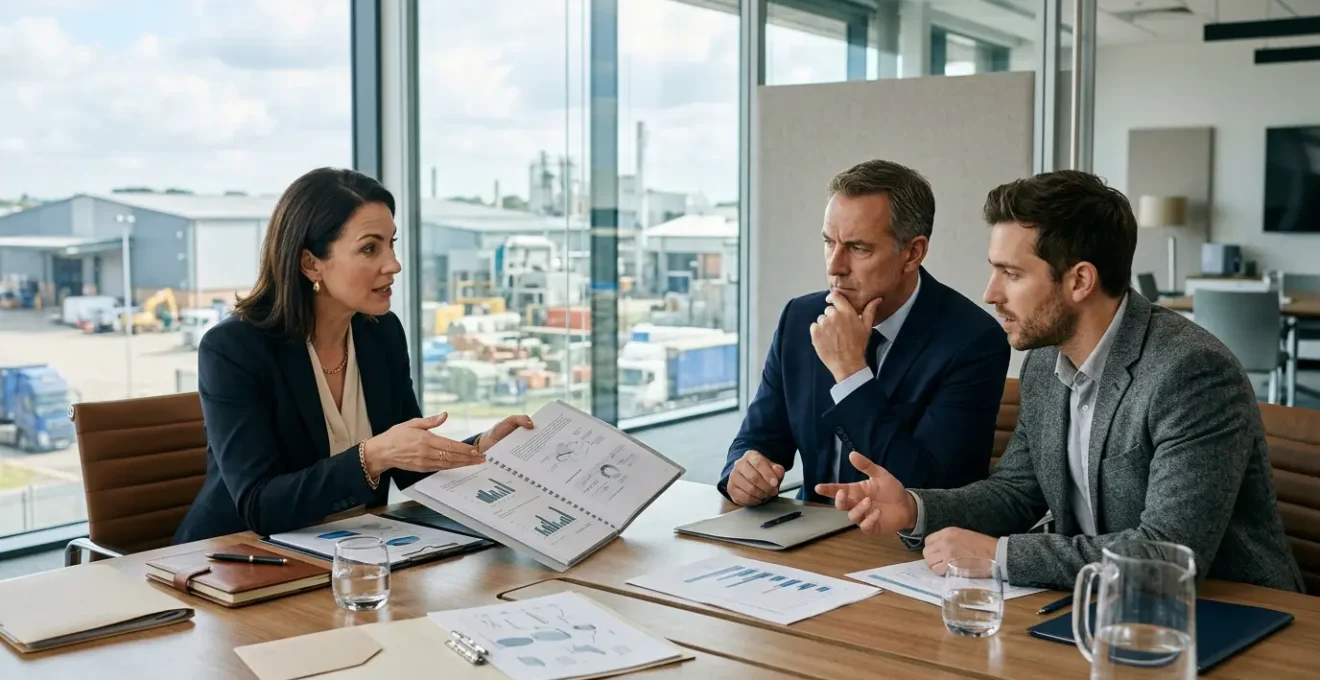 Négociation entre un courtier en assurance et des dirigeants de PME industrielle dans un bureau moderne