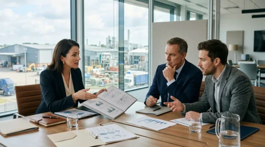 Négociation entre un courtier en assurance et des dirigeants de PME industrielle dans un bureau moderne