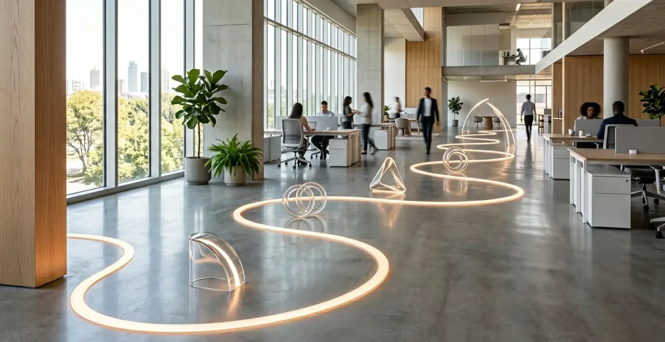 Parcours client digital illustré par un chemin lumineux serpentant harmonieusement entre des éléments abstraits représentant les étapes d'intégration