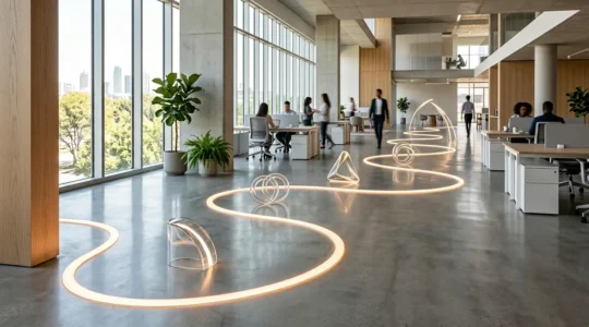 Parcours client digital illustré par un chemin lumineux serpentant harmonieusement entre des éléments abstraits représentant les étapes d'intégration