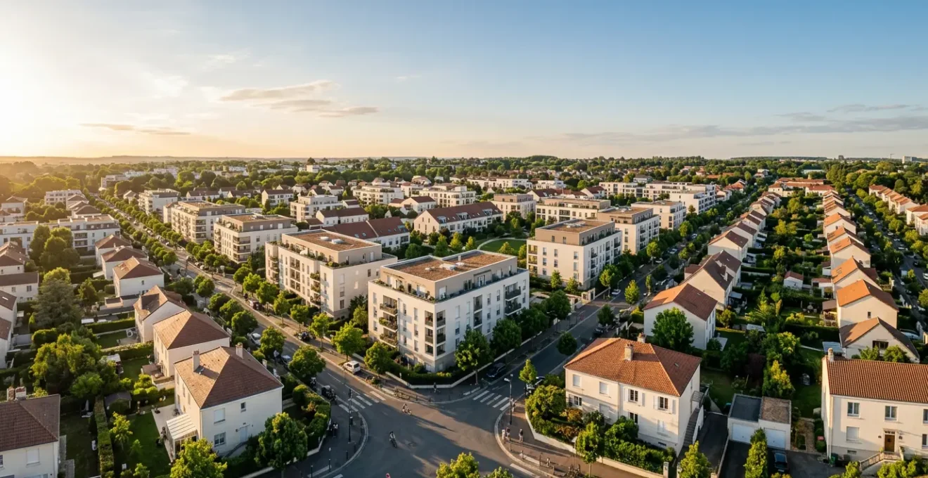 Vue panoramique d'un quartier résidentiel moderne avec immeubles et maisons, symbolisant le patrimoine immobilier locatif protégé