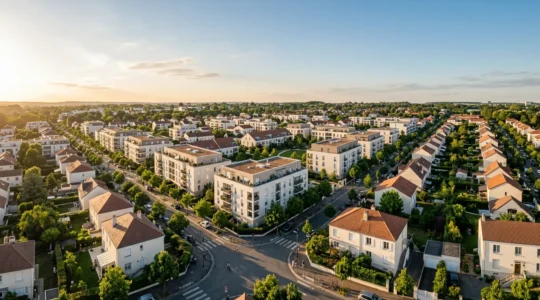 Vue panoramique d'un quartier résidentiel moderne avec immeubles et maisons, symbolisant le patrimoine immobilier locatif protégé