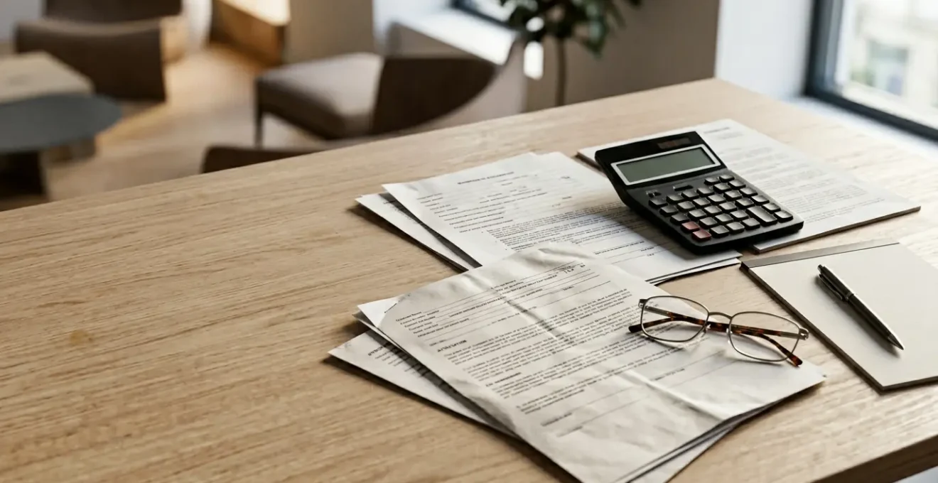 Dossier administratif avec attestation France Travail posé sur un bureau avec calculatrice et documents de mutuelle