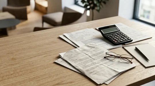 Dossier administratif avec attestation France Travail posé sur un bureau avec calculatrice et documents de mutuelle