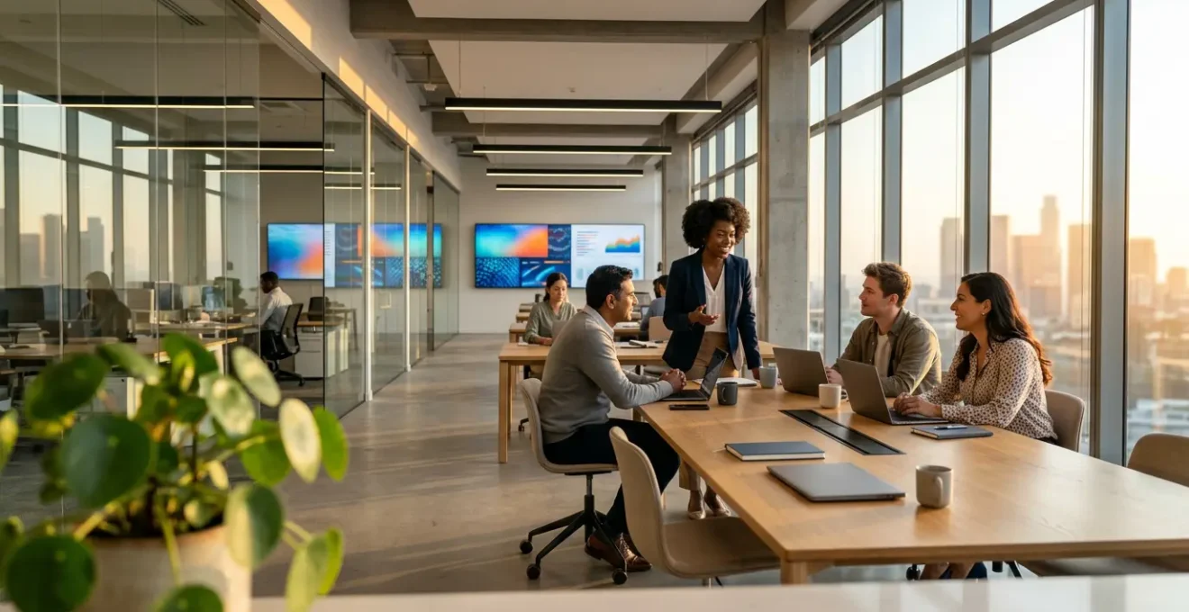 Environnement de travail moderne dans le secteur de l'assurance avec professionnels en réunion