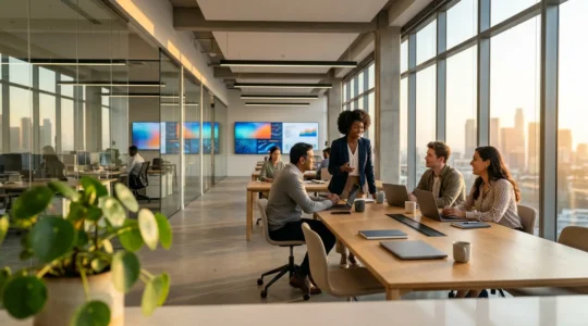 Environnement de travail moderne dans le secteur de l'assurance avec professionnels en réunion