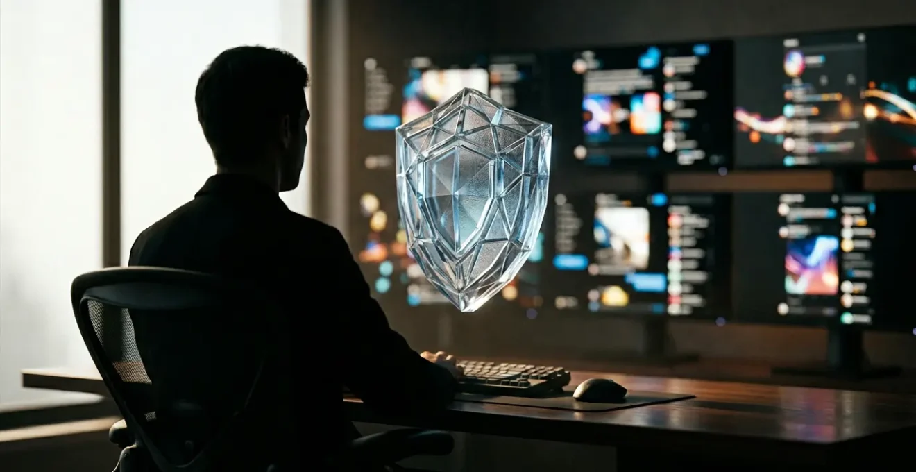 Personne consultant un smartphone avec un bouclier de protection virtuel symbolisant la protection de la e-réputation sur les réseaux sociaux