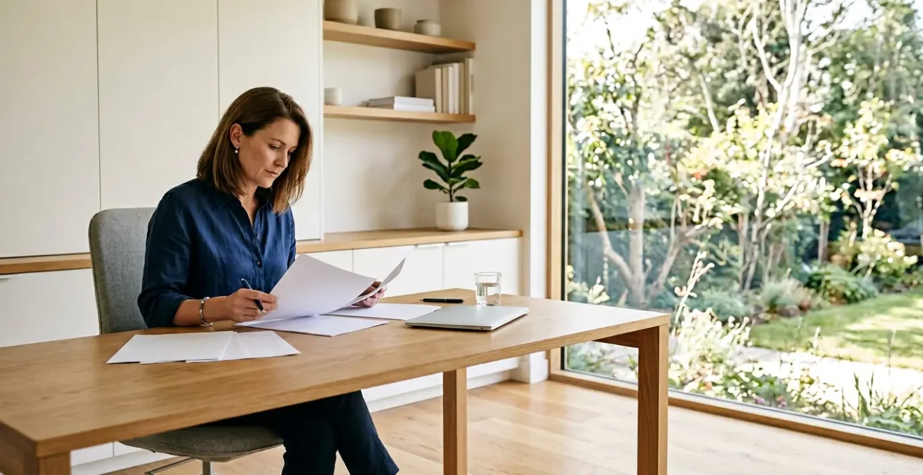 Entrepreneur analysant des documents de protection sociale dans son bureau lumineux