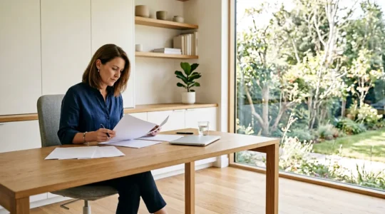 Entrepreneur analysant des documents de protection sociale dans son bureau lumineux