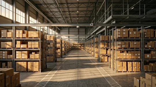 Entrepôt commercial moderne avec système de sécurité professionnel et stock protégé