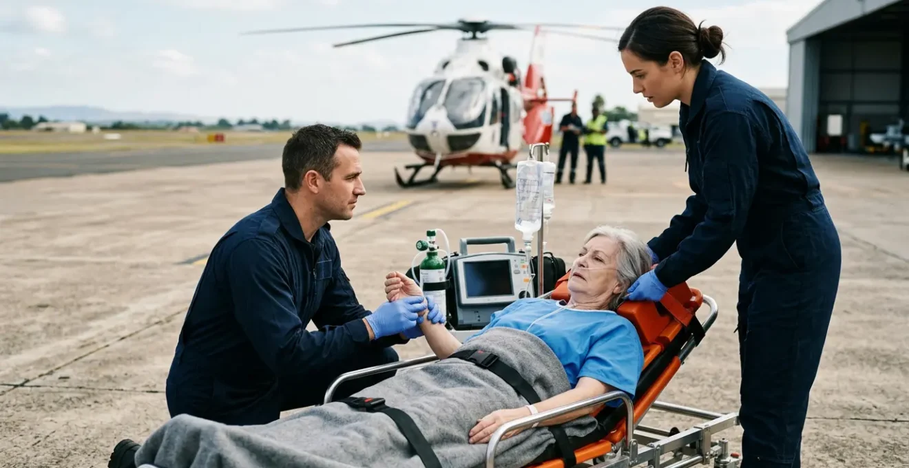 Patient sur civière médicalisée avec équipe médicale d'urgence préparant un transfert vers un avion sanitaire
