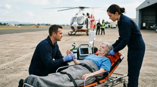 Patient sur civière médicalisée avec équipe médicale d'urgence préparant un transfert vers un avion sanitaire