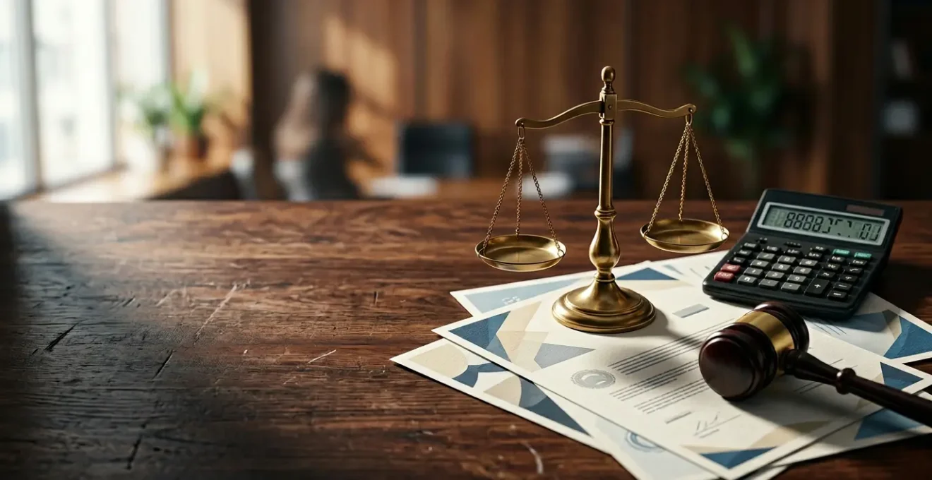 Documents d'assurance et lettres de contestation sur un bureau avec une calculatrice et un marteau de justice