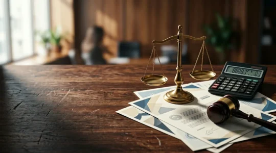 Documents d'assurance et lettres de contestation sur un bureau avec une calculatrice et un marteau de justice