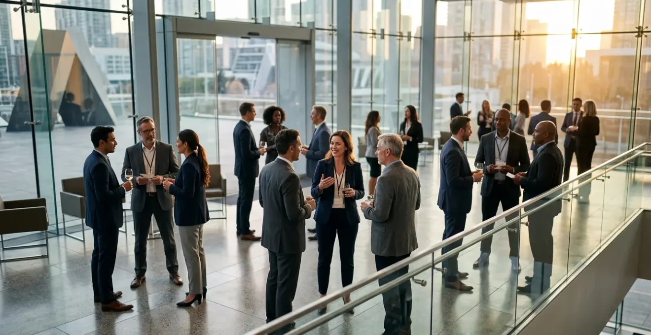 Professionnels de l'assurance échangeant lors d'un événement de networking dans un espace moderne