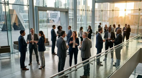 Professionnels de l'assurance échangeant lors d'un événement de networking dans un espace moderne