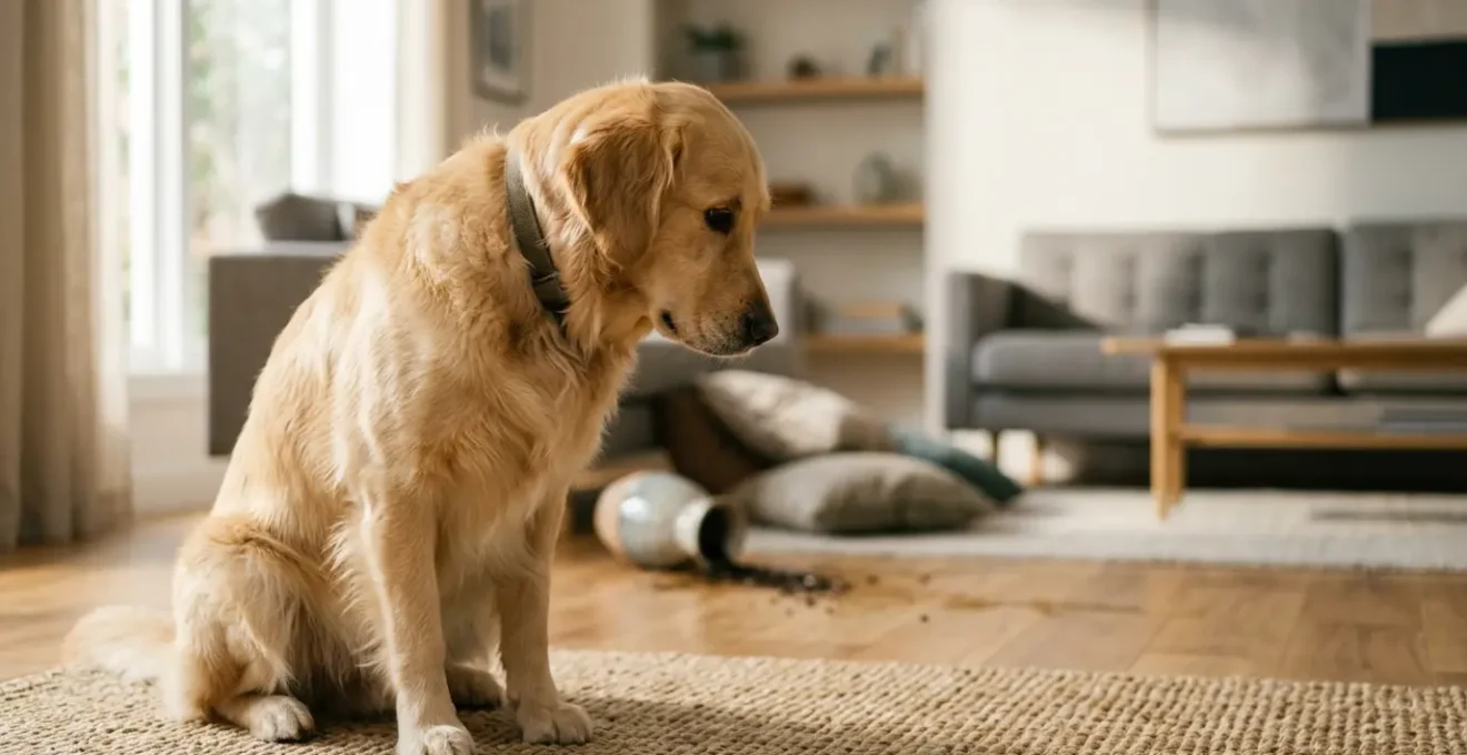 Chien de taille moyenne dans un salon moderne avec des objets renversés en arrière-plan flou