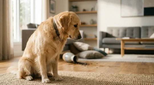 Chien de taille moyenne dans un salon moderne avec des objets renversés en arrière-plan flou