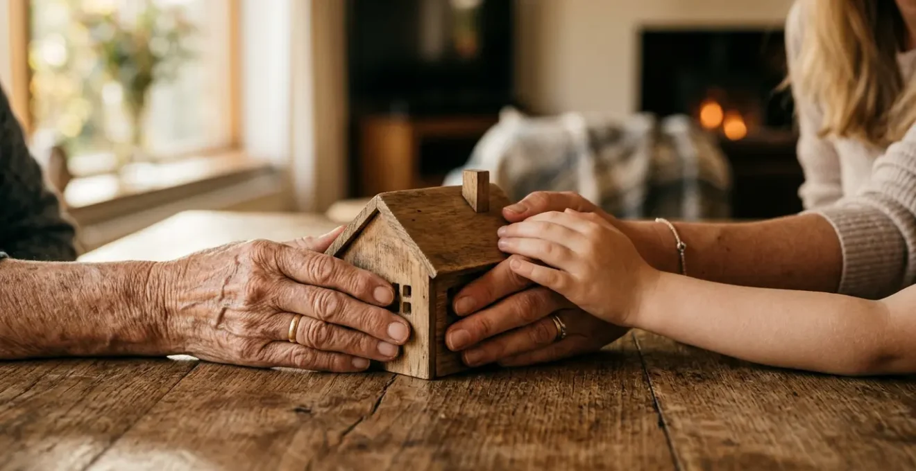 Mains d'une famille rassemblées autour d'une maquette de maison symbolisant la protection du patrimoine immobilier