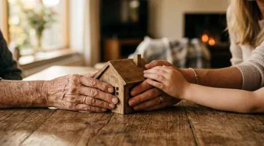 Mains d'une famille rassemblées autour d'une maquette de maison symbolisant la protection du patrimoine immobilier