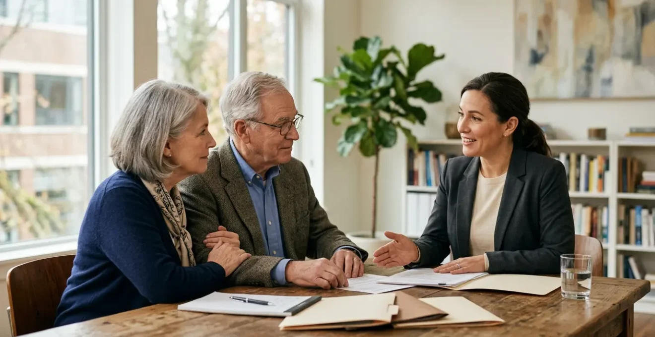 Couple senior en consultation avec un conseiller financier autour d'une table en bois dans un bureau lumineux