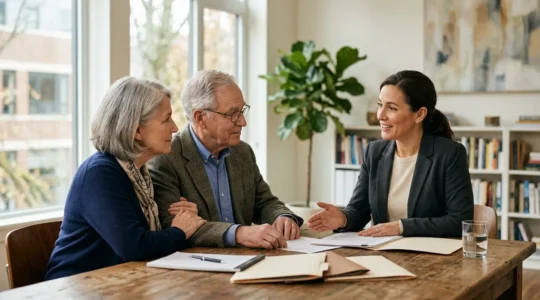 Couple senior en consultation avec un conseiller financier autour d'une table en bois dans un bureau lumineux