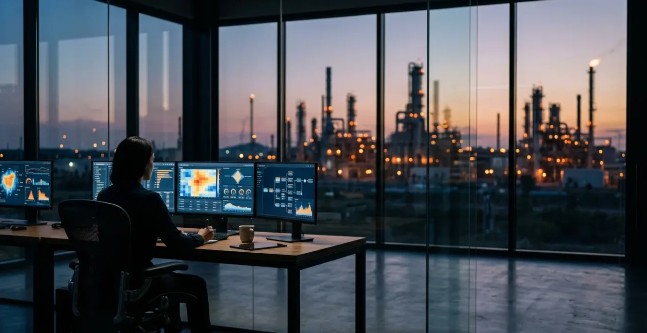 Professionnel analysant des données de risques industriels avec vue d'une usine pétrochimique en arrière-plan