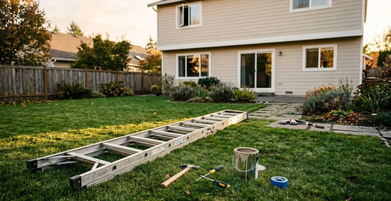 Échelle renversée dans un jardin avec outils de bricolage éparpillés au sol