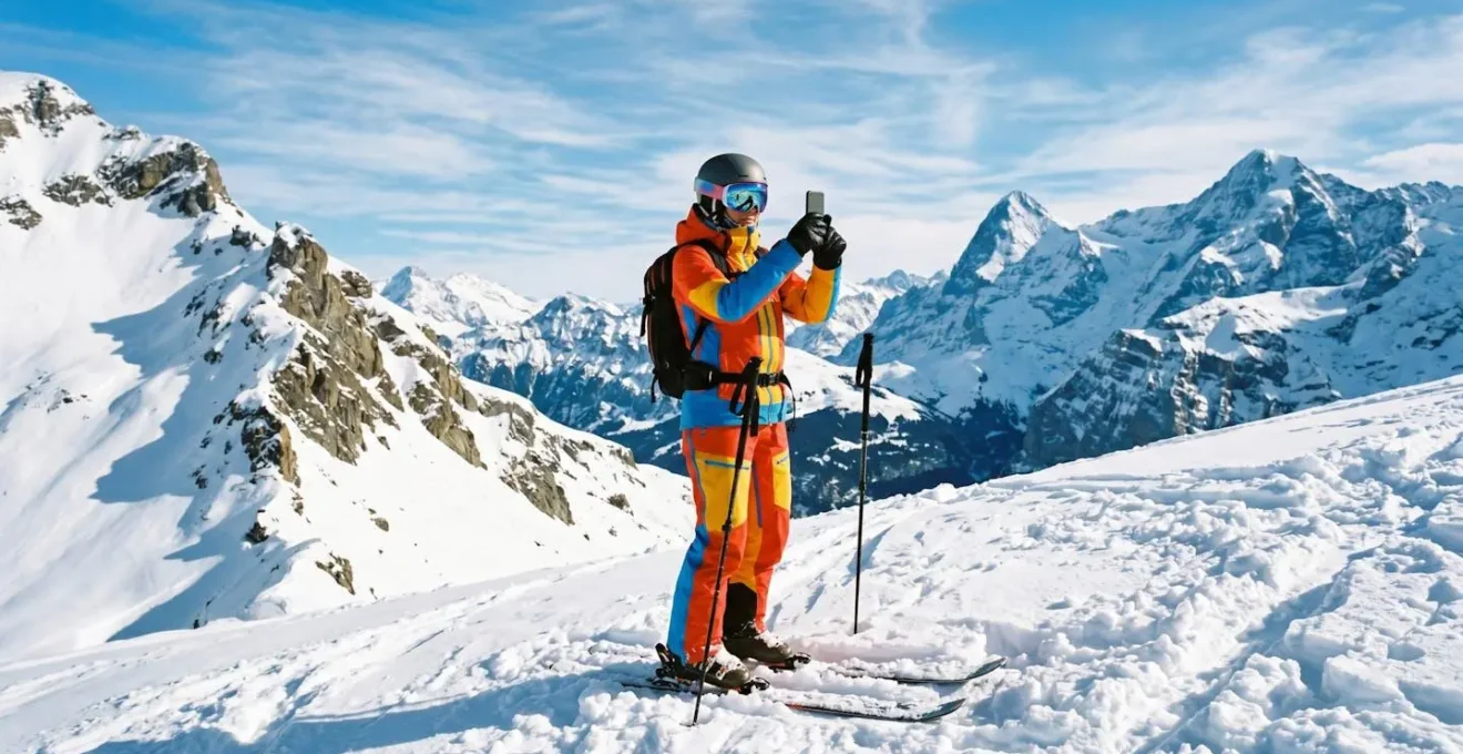 Skieur en montagne tenant un smartphone avec écran flou, paysage enneigé en arrière-plan