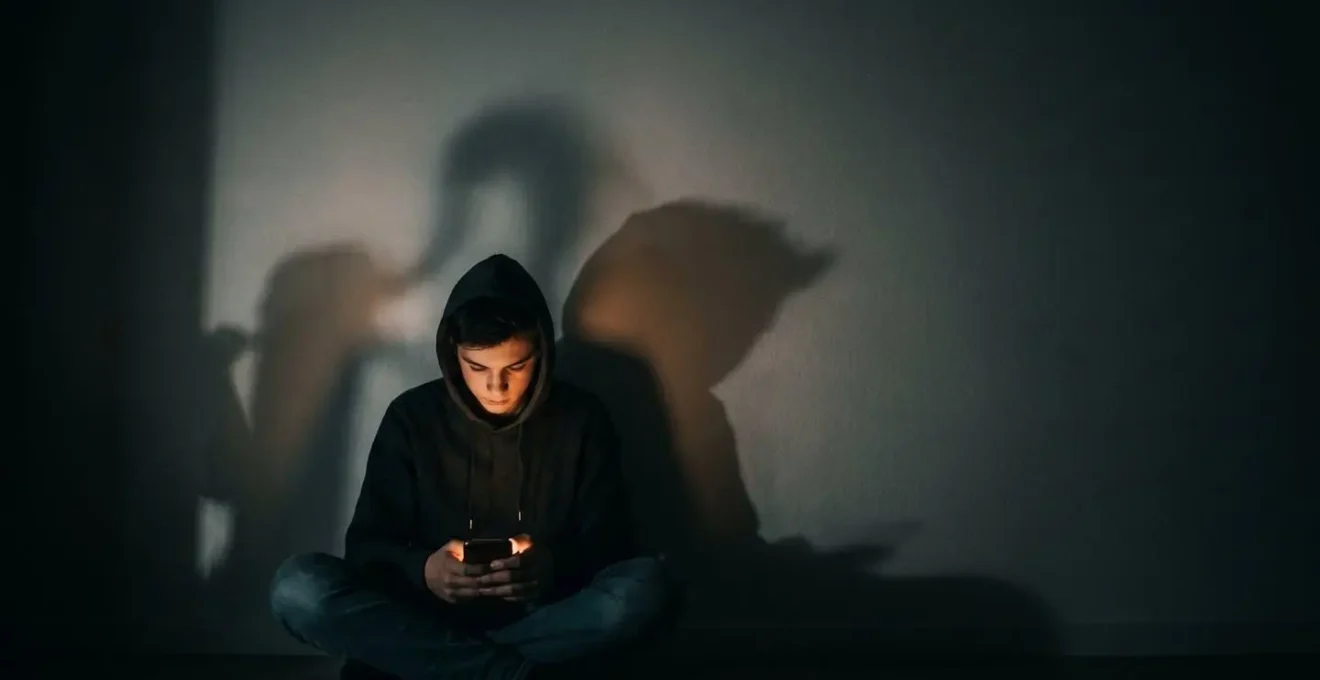 Silhouette d'adolescent tenant un smartphone avec jeu d'ombres dramatiques