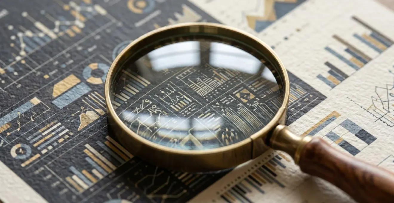 Gros plan macro sur des documents financiers avec une loupe examinant des graphiques