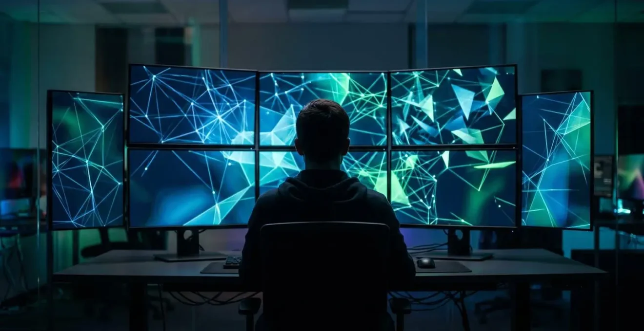 Analyste de risques cyber analysant des données de sécurité sur multiple écrans