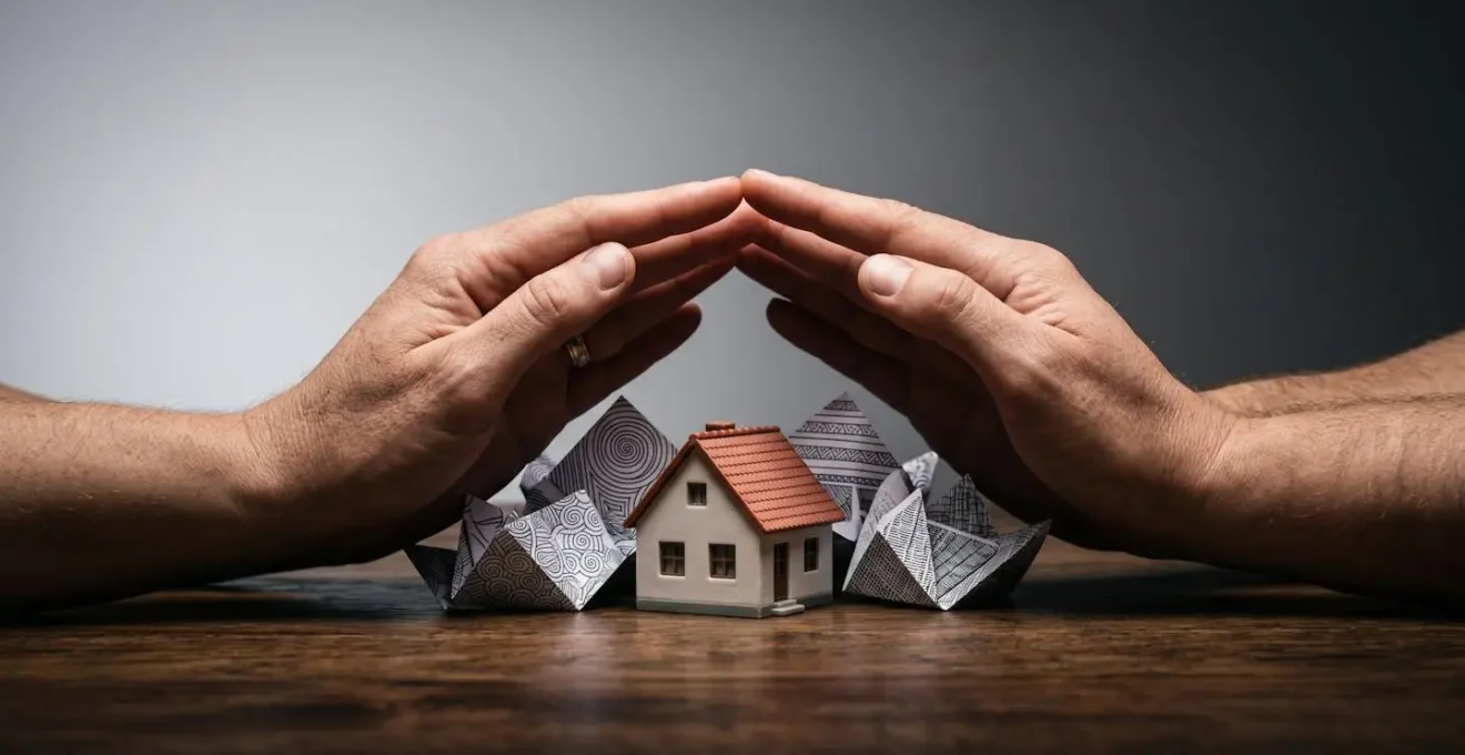 Mains protégeant symboliquement une maison miniature et des documents