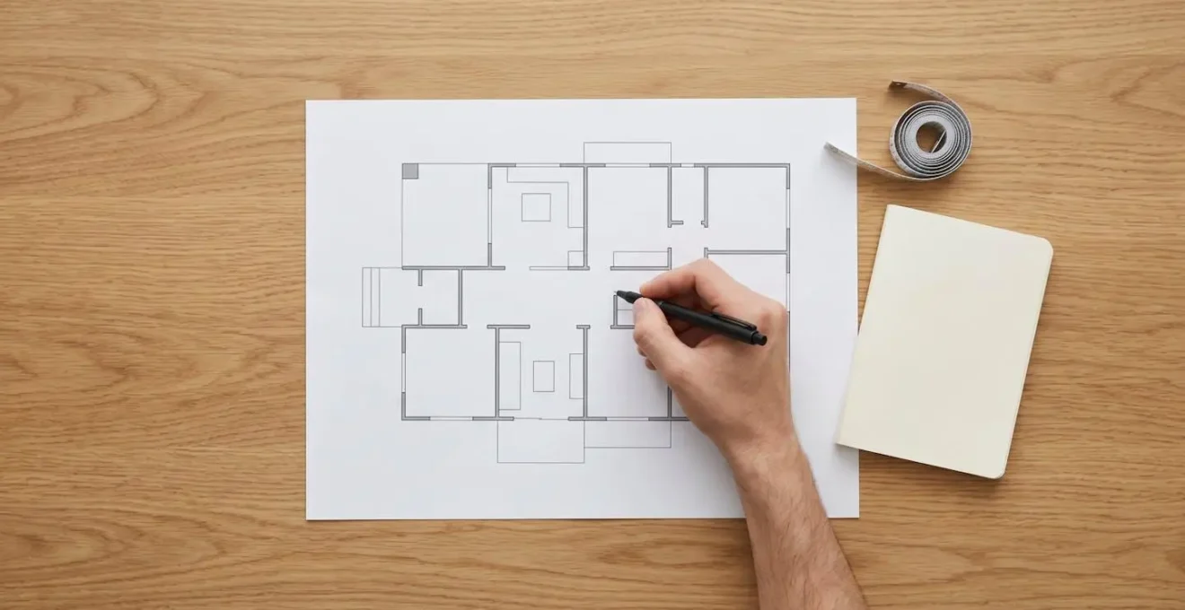 Vue aérienne d'un plan de maison avec une personne tenant des notes