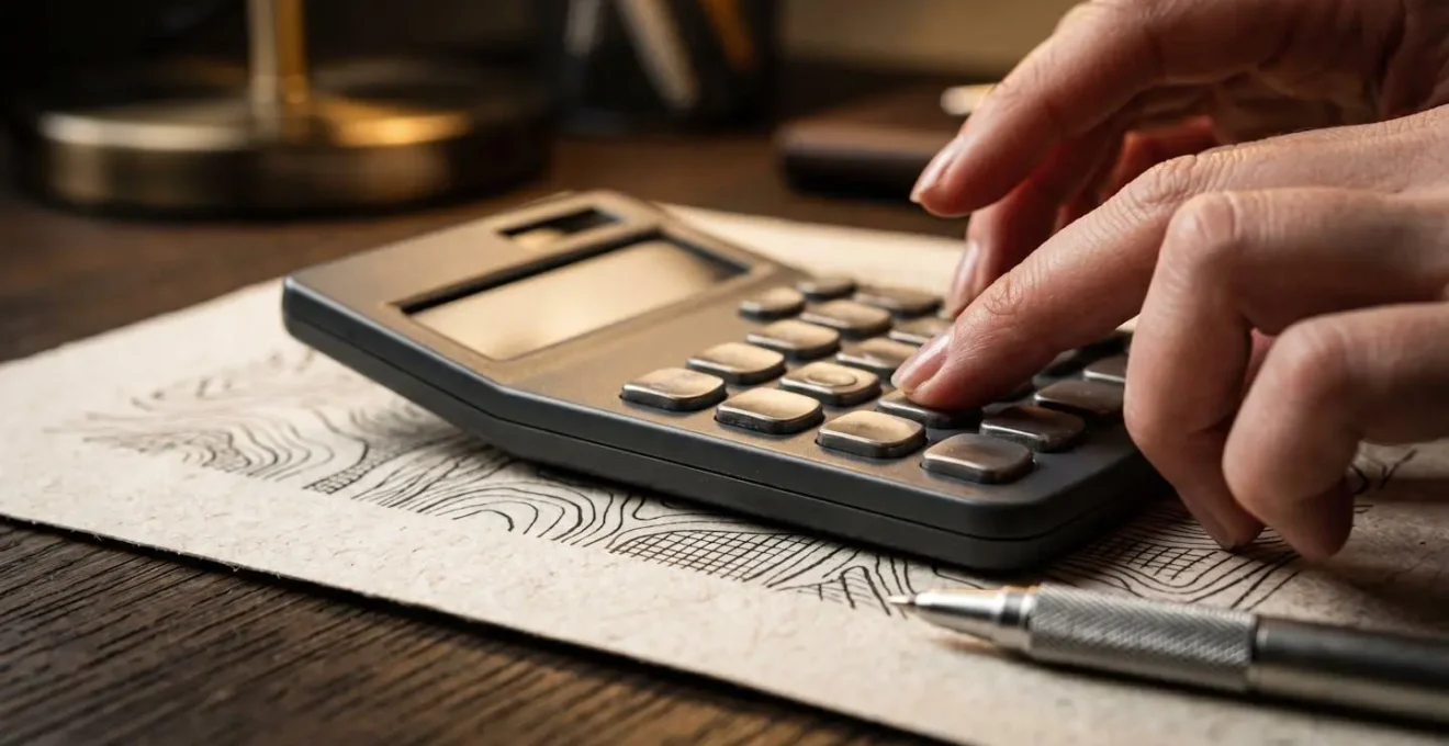 Gros plan sur des mains calculant des déductions fiscales avec calculatrice et documents
