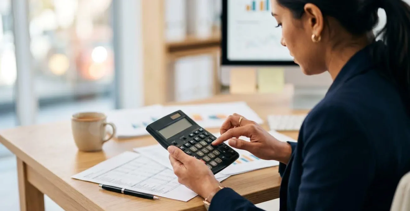Table de travail avec calculatrice, documents fiscaux et graphiques financiers, évoquant l'optimisation fiscale immobilière