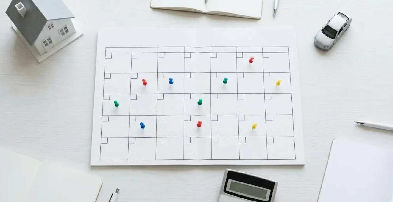 Vue aérienne d'un bureau avec calendrier, calculatrice et modèles miniatures de maison et voiture