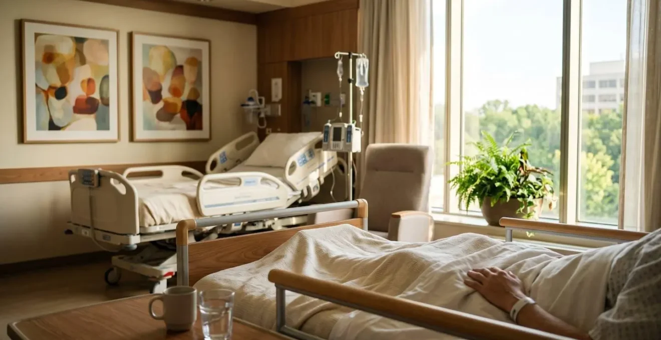 Chambre individuelle d'hôpital moderne avec vue sur jardin
