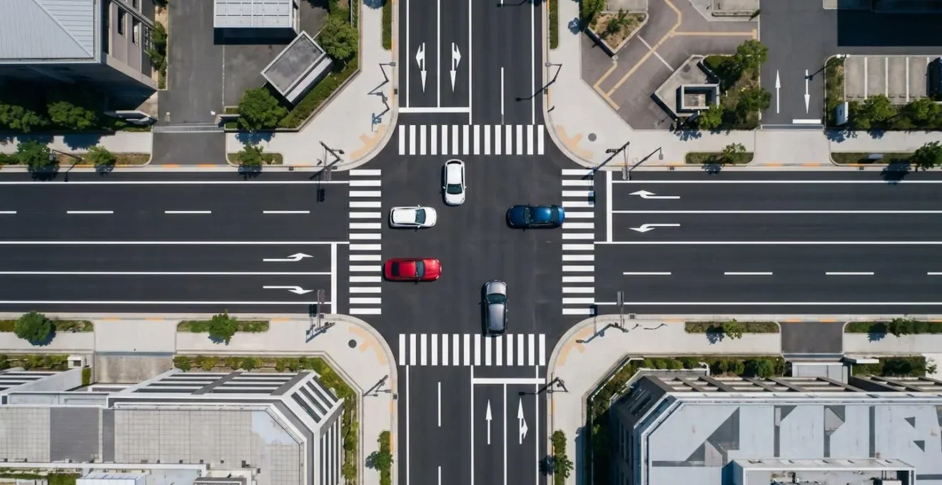 Vue aérienne d'un carrefour routier symbolisant le choix de carrière