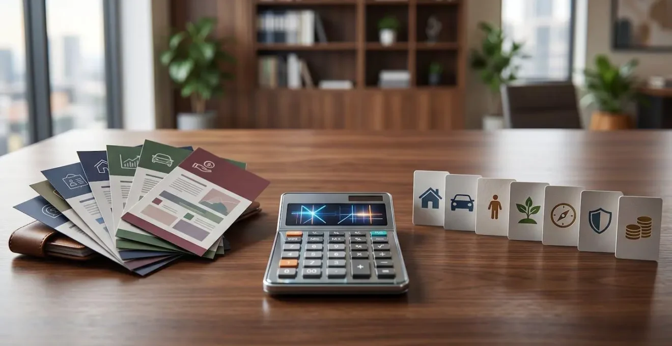 Table de travail avec documents d'assurance disposés en éventail et calculatrice moderne