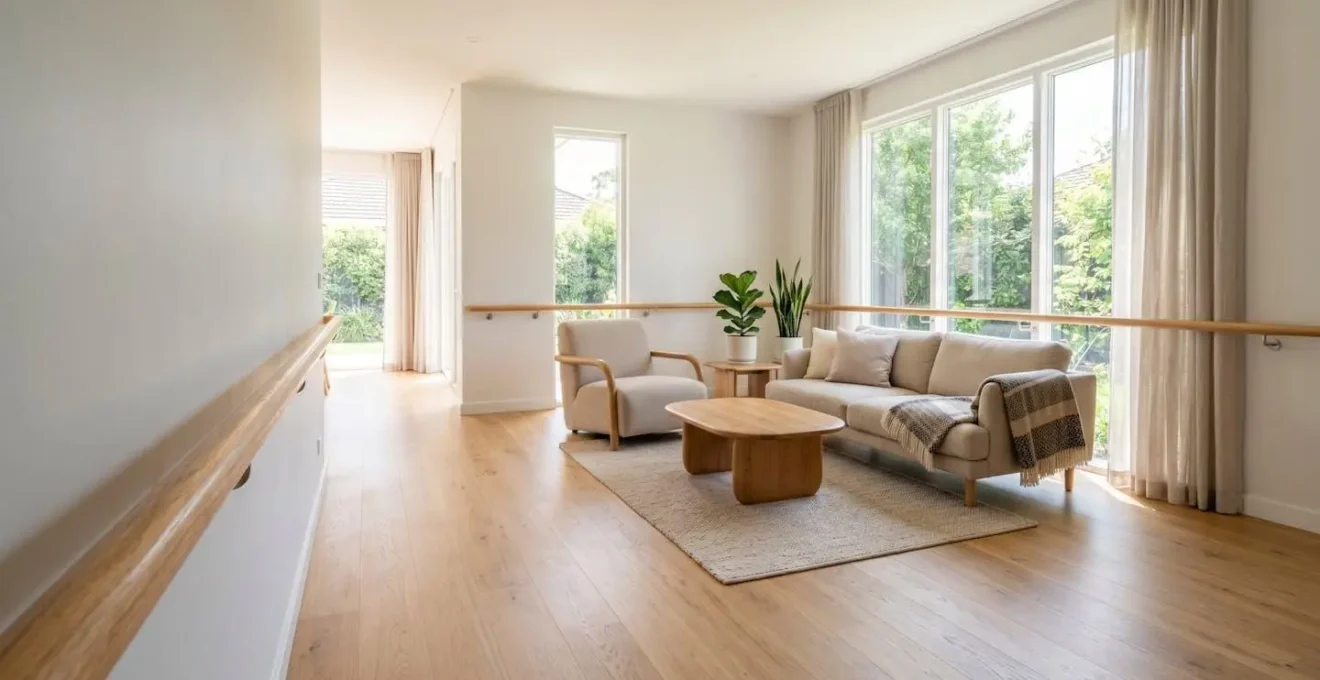 Vue large d'un intérieur de maison familiale adapté pour le maintien à domicile avec aménagements sécurisés