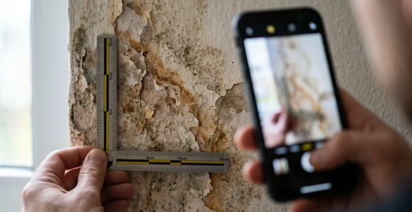 Documentation photographique méthodique d'un sinistre habitation avec smartphone et règle graduée