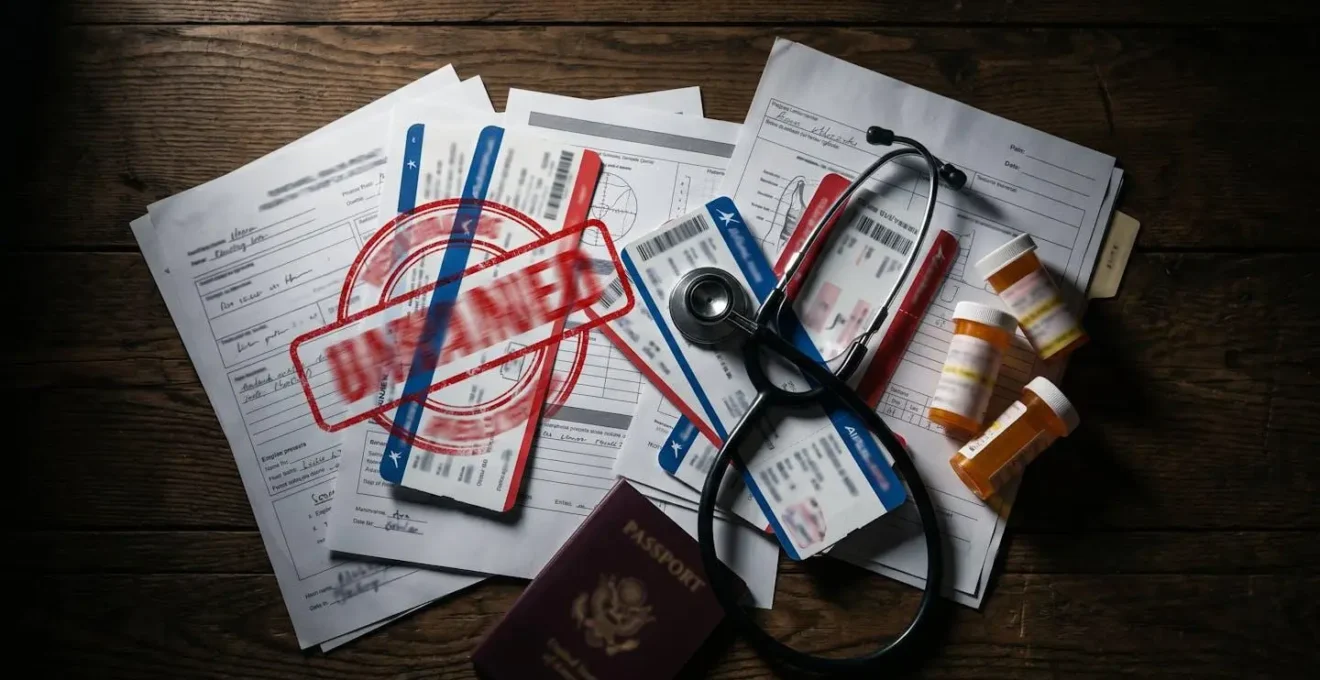 Documents médicaux et billets d'avion éparpillés sur un bureau avec tampon d'annulation